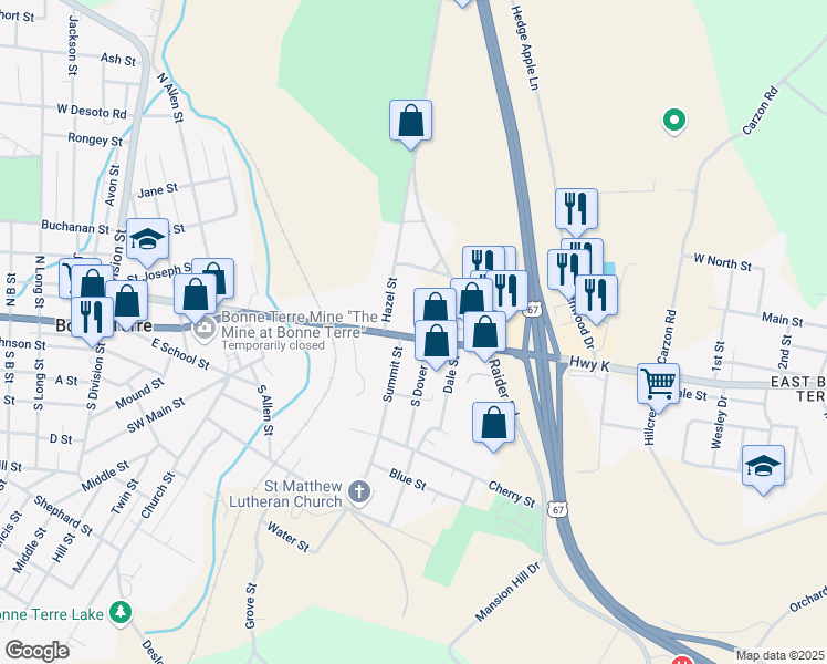 map of restaurants, bars, coffee shops, grocery stores, and more near 706 Benham Street in Bonne Terre