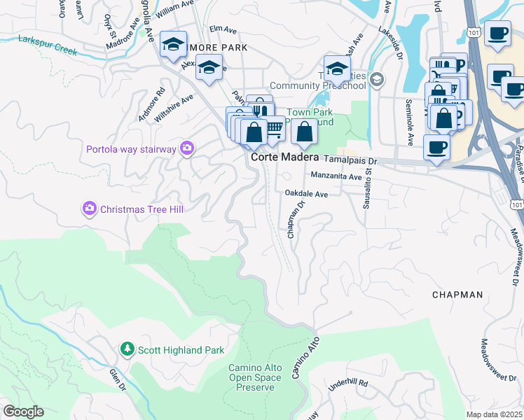 map of restaurants, bars, coffee shops, grocery stores, and more near 423 Montecito Dr in Corte Madera