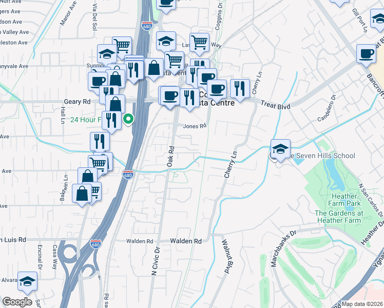 map of restaurants, bars, coffee shops, grocery stores, and more near 2716 Oak Road in Walnut Creek