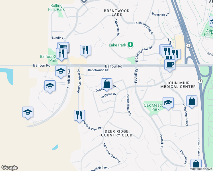 map of restaurants, bars, coffee shops, grocery stores, and more near 2617 Torrey Pines Drive in Brentwood