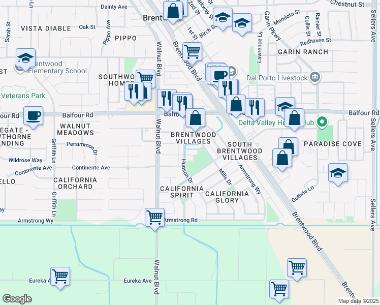 map of restaurants, bars, coffee shops, grocery stores, and more near 135 Cavendish Court in Brentwood