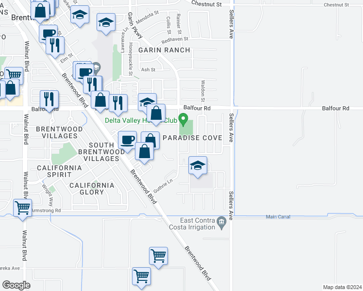 map of restaurants, bars, coffee shops, grocery stores, and more near 240 Guthrie Lane in Brentwood