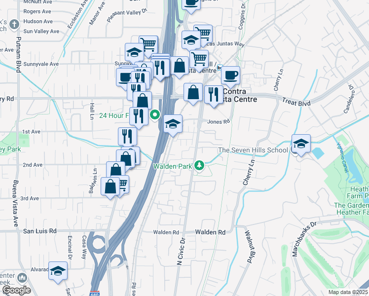 map of restaurants, bars, coffee shops, grocery stores, and more near in Walnut Creek