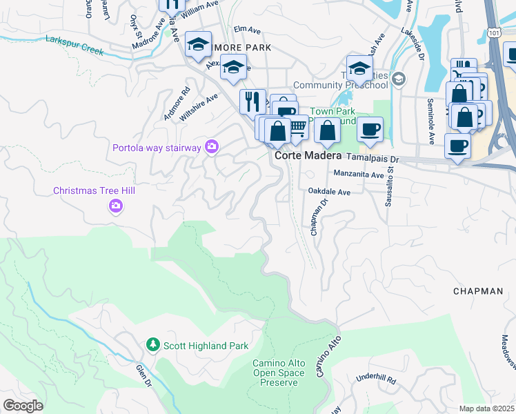 map of restaurants, bars, coffee shops, grocery stores, and more near 360 Corte Madera Avenue in Corte Madera