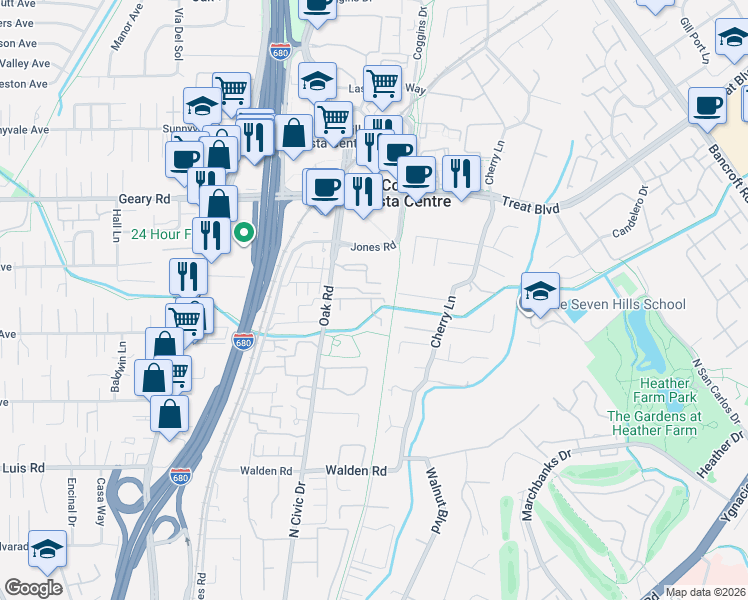map of restaurants, bars, coffee shops, grocery stores, and more near 2720 Oak Road in Walnut Creek