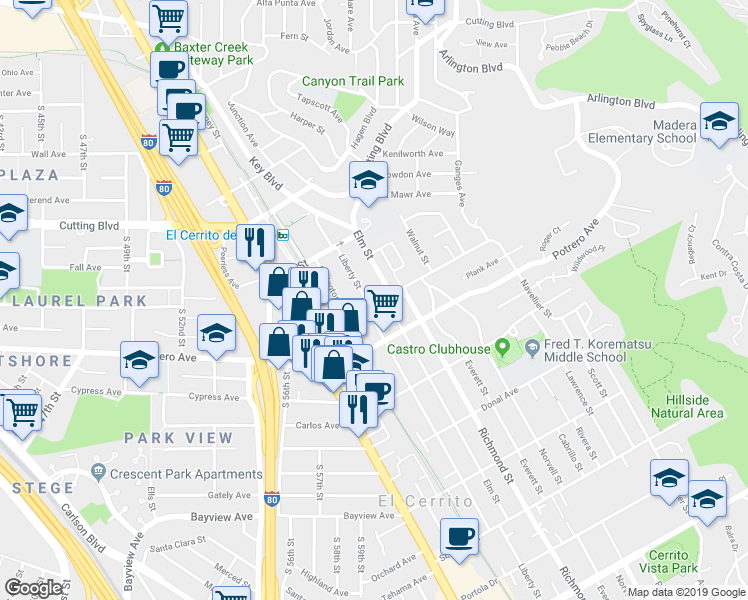 map of restaurants, bars, coffee shops, grocery stores, and more near 6603 Blake Street in El Cerrito