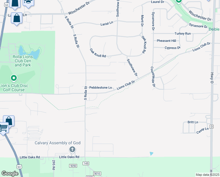 map of restaurants, bars, coffee shops, grocery stores, and more near 310 Pebblestone Lane in Rolla