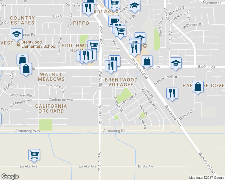 map of restaurants, bars, coffee shops, grocery stores, and more near 3181 Rockwell Place in Brentwood