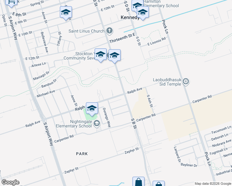 map of restaurants, bars, coffee shops, grocery stores, and more near 1923 Ralph Avenue in Stockton