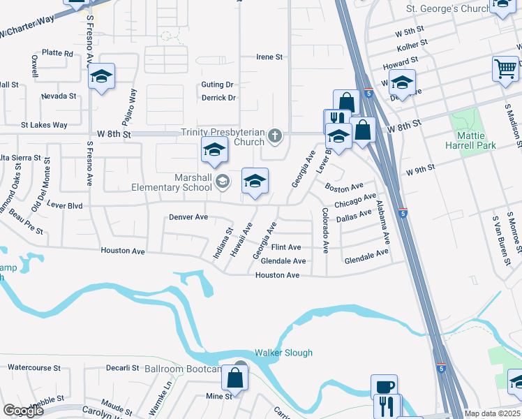 map of restaurants, bars, coffee shops, grocery stores, and more near 1026 Lever Boulevard in Stockton