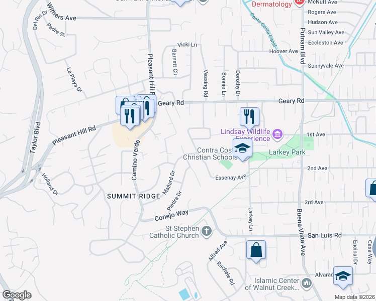 map of restaurants, bars, coffee shops, grocery stores, and more near 2264 Mallard Drive in Walnut Creek