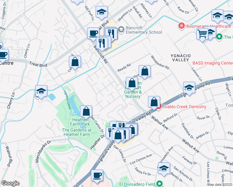 map of restaurants, bars, coffee shops, grocery stores, and more near 469 La Corso Circle in Walnut Creek