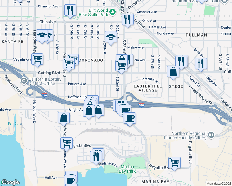 map of restaurants, bars, coffee shops, grocery stores, and more near 651 South 22nd Street in Richmond