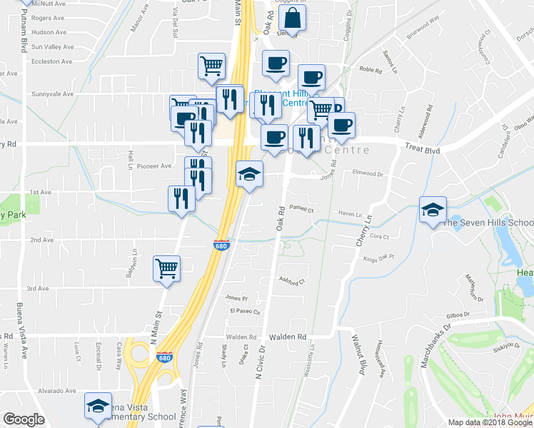 map of restaurants, bars, coffee shops, grocery stores, and more near 2723 Oak Road in Walnut Creek