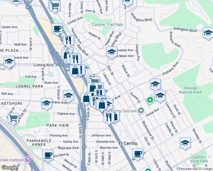 map of restaurants, bars, coffee shops, grocery stores, and more near 1716 Lexington Avenue in El Cerrito