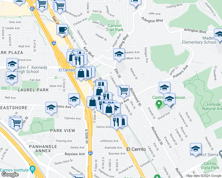 map of restaurants, bars, coffee shops, grocery stores, and more near 1716 Lexington Avenue in El Cerrito