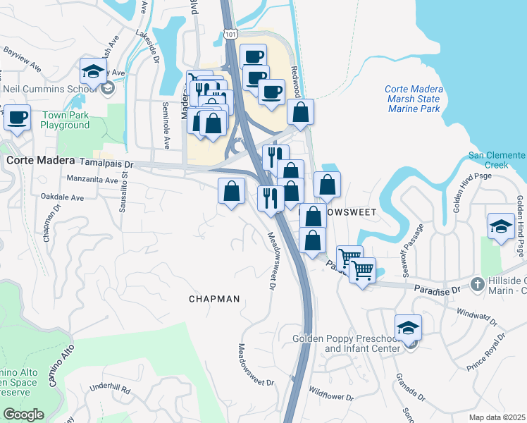 map of restaurants, bars, coffee shops, grocery stores, and more near 826 Meadowsweet Drive in Corte Madera
