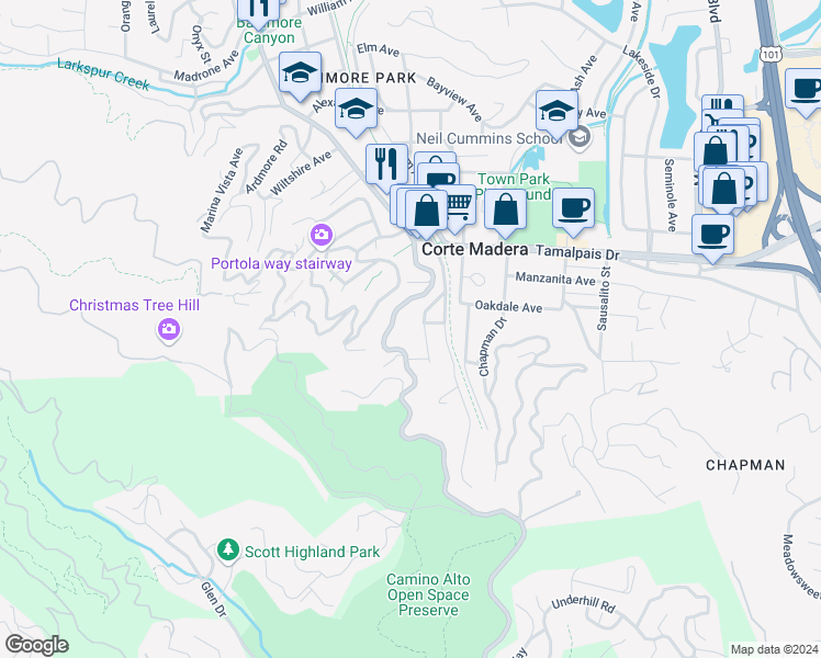 map of restaurants, bars, coffee shops, grocery stores, and more near 360 Corte Madera Avenue in Corte Madera