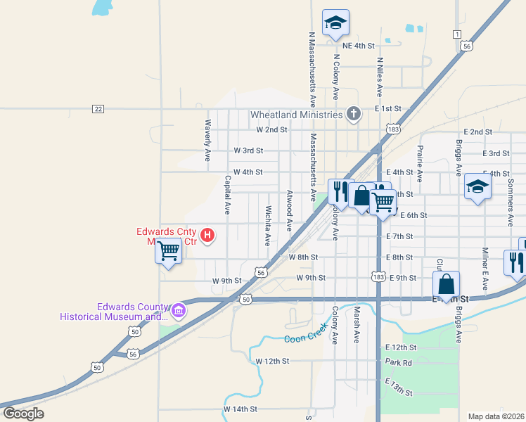 map of restaurants, bars, coffee shops, grocery stores, and more near 501-599 Milner West Avenue in Kinsley