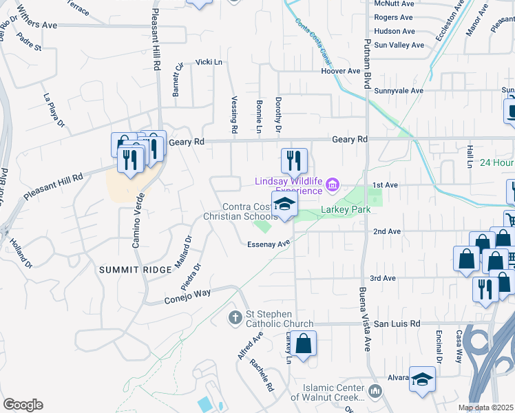 map of restaurants, bars, coffee shops, grocery stores, and more near 2038 Mallard Drive in Walnut Creek
