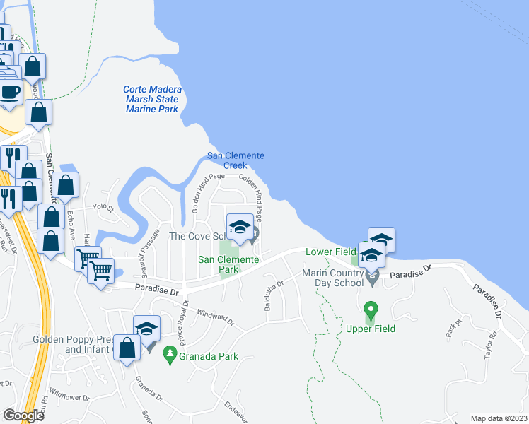 map of restaurants, bars, coffee shops, grocery stores, and more near 299 Golden Hind Passage in Corte Madera