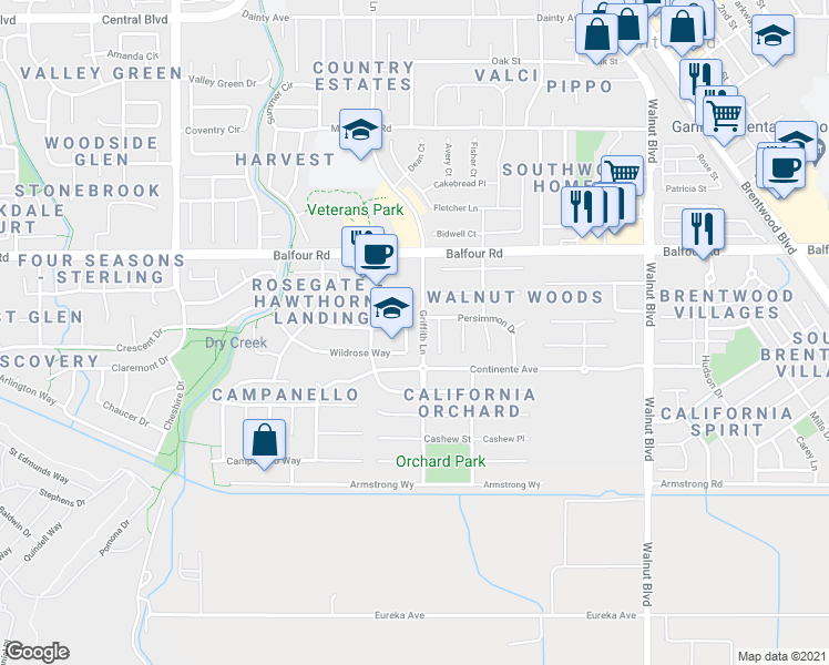 map of restaurants, bars, coffee shops, grocery stores, and more near 550 Wildrose Way in Brentwood