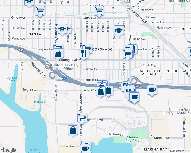 map of restaurants, bars, coffee shops, grocery stores, and more near 650 South 16th Street in Richmond