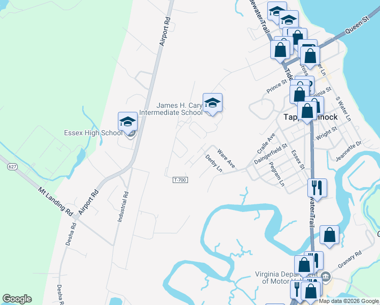 map of restaurants, bars, coffee shops, grocery stores, and more near 150 Rouzie Drive in Tappahannock