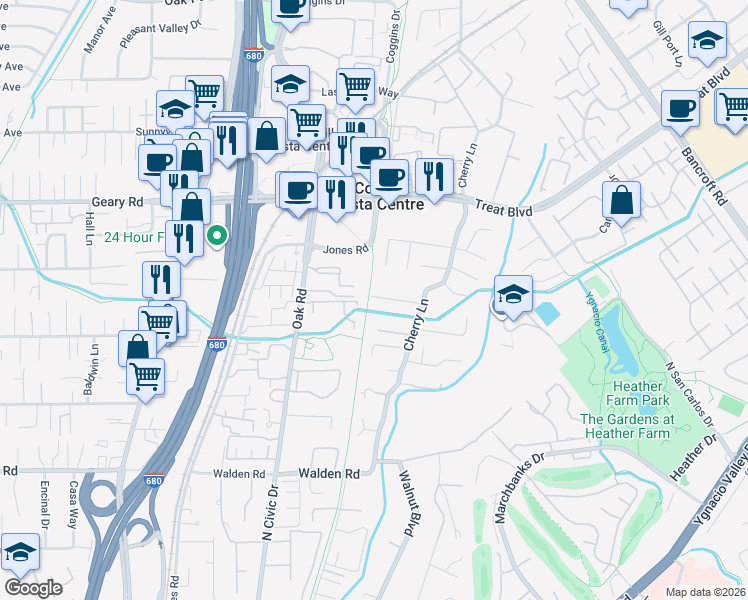 map of restaurants, bars, coffee shops, grocery stores, and more near 81a Haven Lane in Walnut Creek