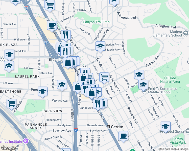 map of restaurants, bars, coffee shops, grocery stores, and more near 1716 Lexington Avenue in El Cerrito