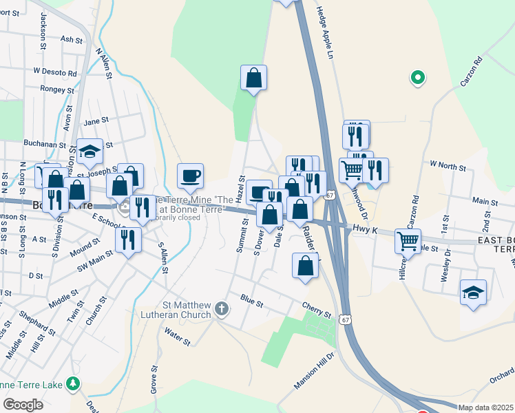 map of restaurants, bars, coffee shops, grocery stores, and more near 706 Benham Street in Bonne Terre