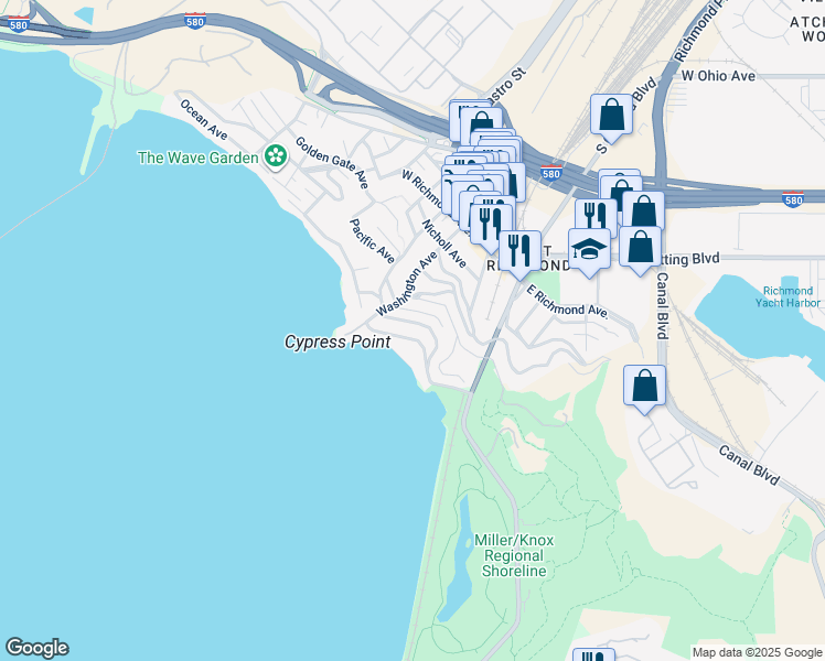 map of restaurants, bars, coffee shops, grocery stores, and more near 216 Western Drive in Richmond