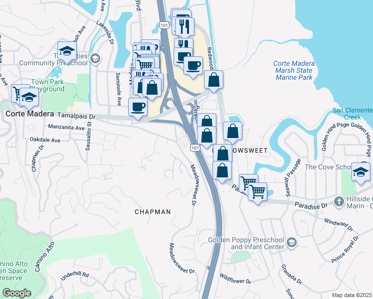 map of restaurants, bars, coffee shops, grocery stores, and more near 826 Meadowsweet Drive in Corte Madera