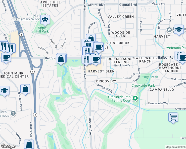 map of restaurants, bars, coffee shops, grocery stores, and more near 105 York Court in Brentwood