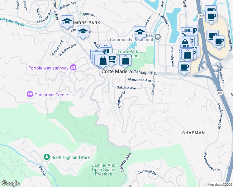 map of restaurants, bars, coffee shops, grocery stores, and more near 320 Willow Avenue in Corte Madera