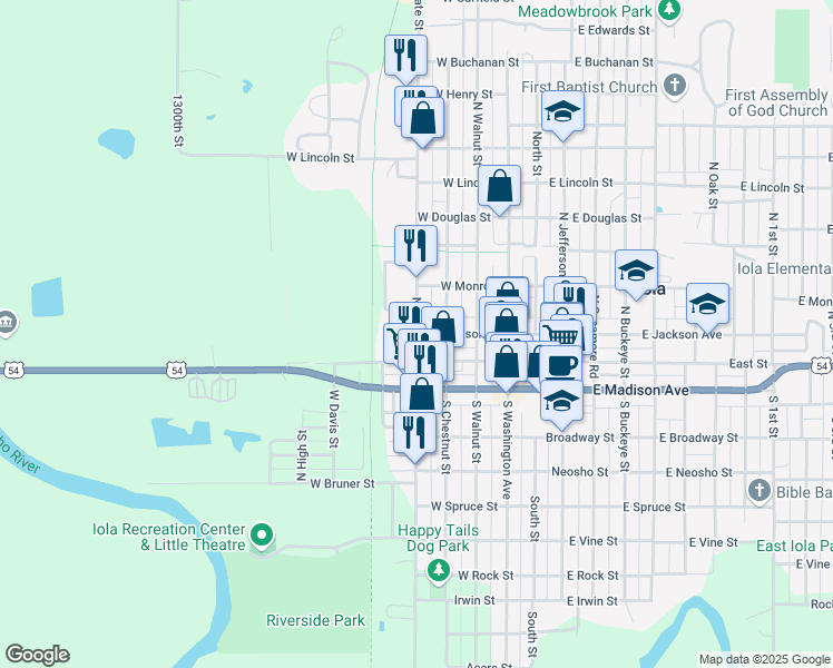 map of restaurants, bars, coffee shops, grocery stores, and more near 199 N State St in Iola