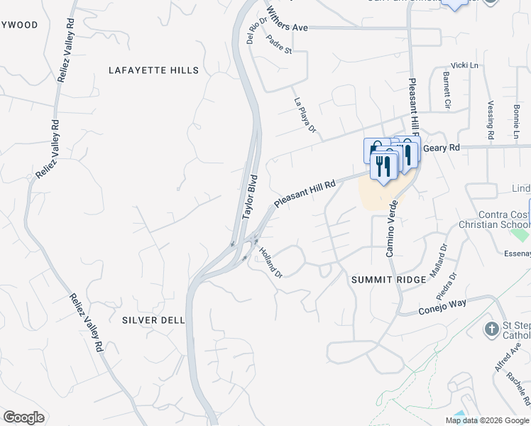 map of restaurants, bars, coffee shops, grocery stores, and more near 1531 Pleasant Hill Road in Lafayette