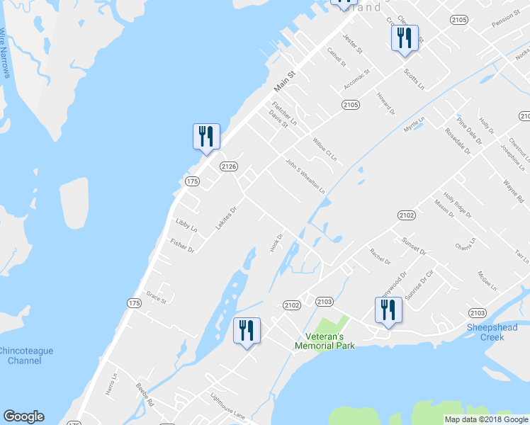 map of restaurants, bars, coffee shops, grocery stores, and more near 7156 Bunting Road in Chincoteague Island