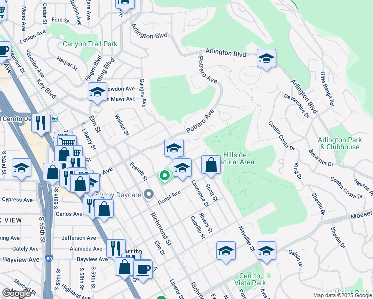 map of restaurants, bars, coffee shops, grocery stores, and more near 7305 Gladys Avenue in El Cerrito