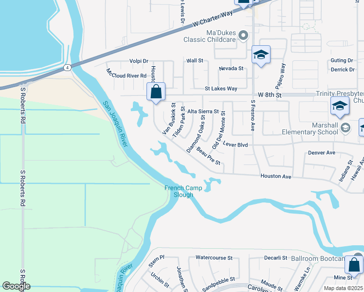 map of restaurants, bars, coffee shops, grocery stores, and more near 2225 Houston Avenue in Stockton