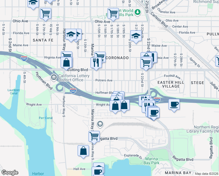 map of restaurants, bars, coffee shops, grocery stores, and more near 650 South 16th Street in Richmond