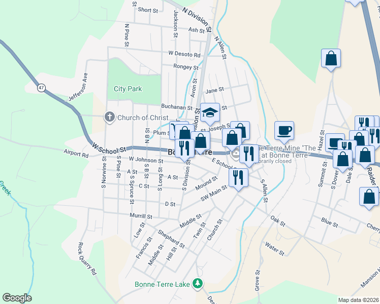 map of restaurants, bars, coffee shops, grocery stores, and more near in Bonne Terre