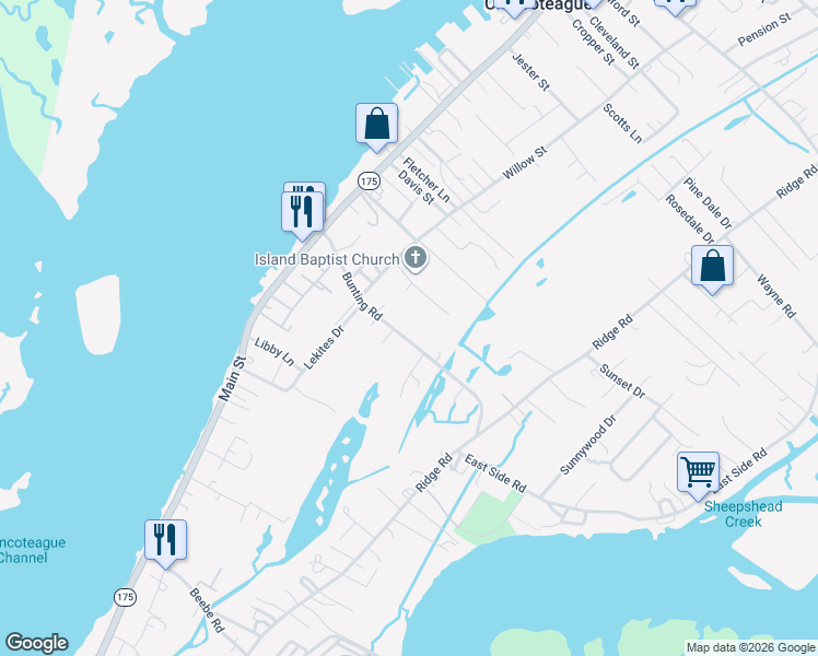 map of restaurants, bars, coffee shops, grocery stores, and more near 7179 Bunting Road in Chincoteague Island