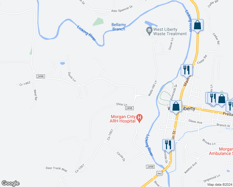 map of restaurants, bars, coffee shops, grocery stores, and more near 915 Liberty Road in West Liberty