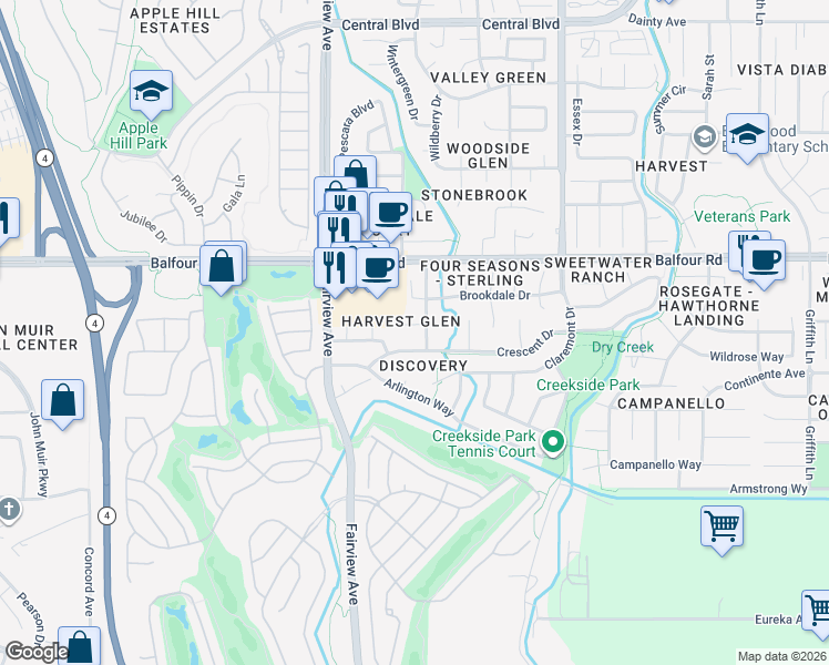 map of restaurants, bars, coffee shops, grocery stores, and more near 1382 Clay Court in Brentwood