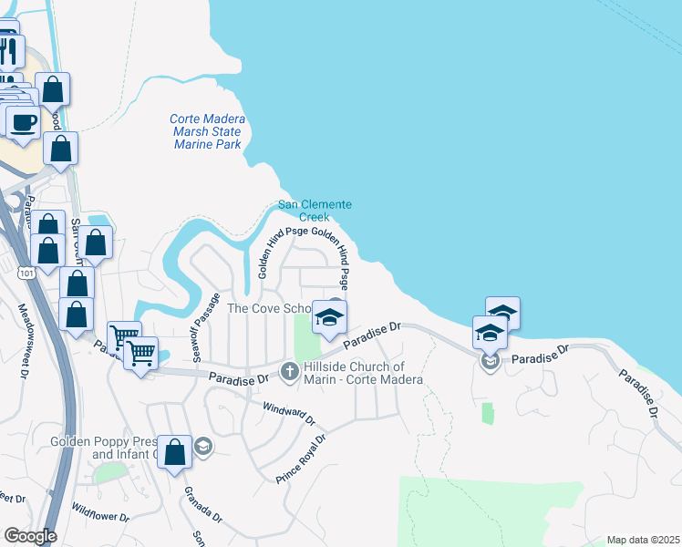 map of restaurants, bars, coffee shops, grocery stores, and more near 45 Ebbtide Passage in Corte Madera
