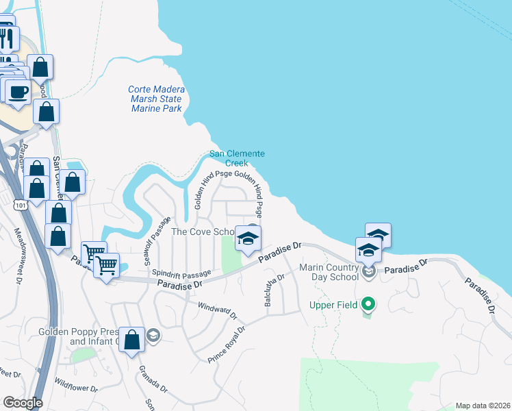 map of restaurants, bars, coffee shops, grocery stores, and more near 45 Ebbtide Passage in Corte Madera