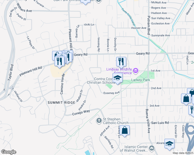 map of restaurants, bars, coffee shops, grocery stores, and more near 2084 Mallard Drive in Walnut Creek