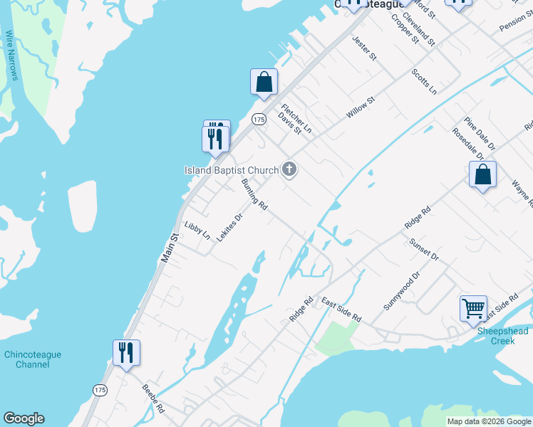 map of restaurants, bars, coffee shops, grocery stores, and more near 7122-7134 Bunting Rd in Chincoteague Island