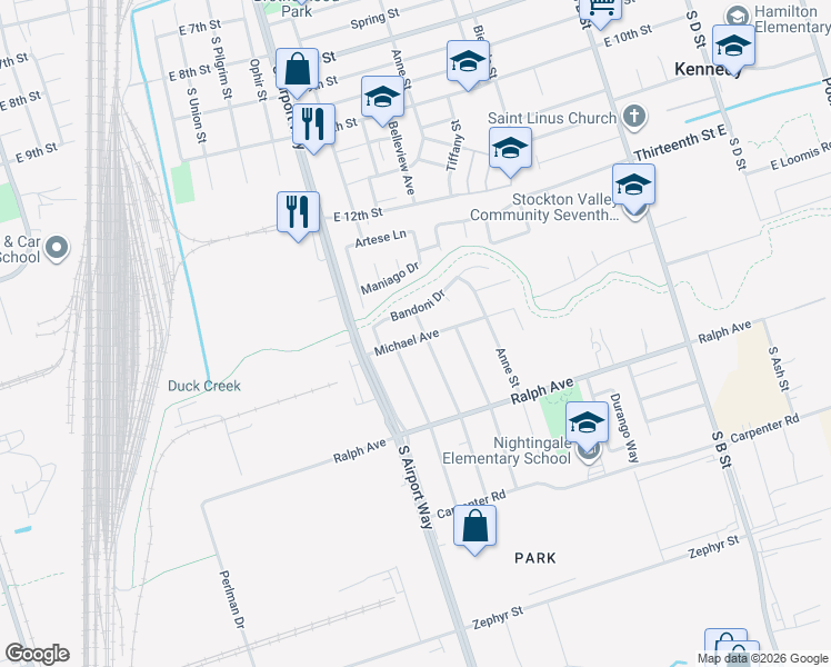 map of restaurants, bars, coffee shops, grocery stores, and more near 1465 Michael Avenue in Stockton